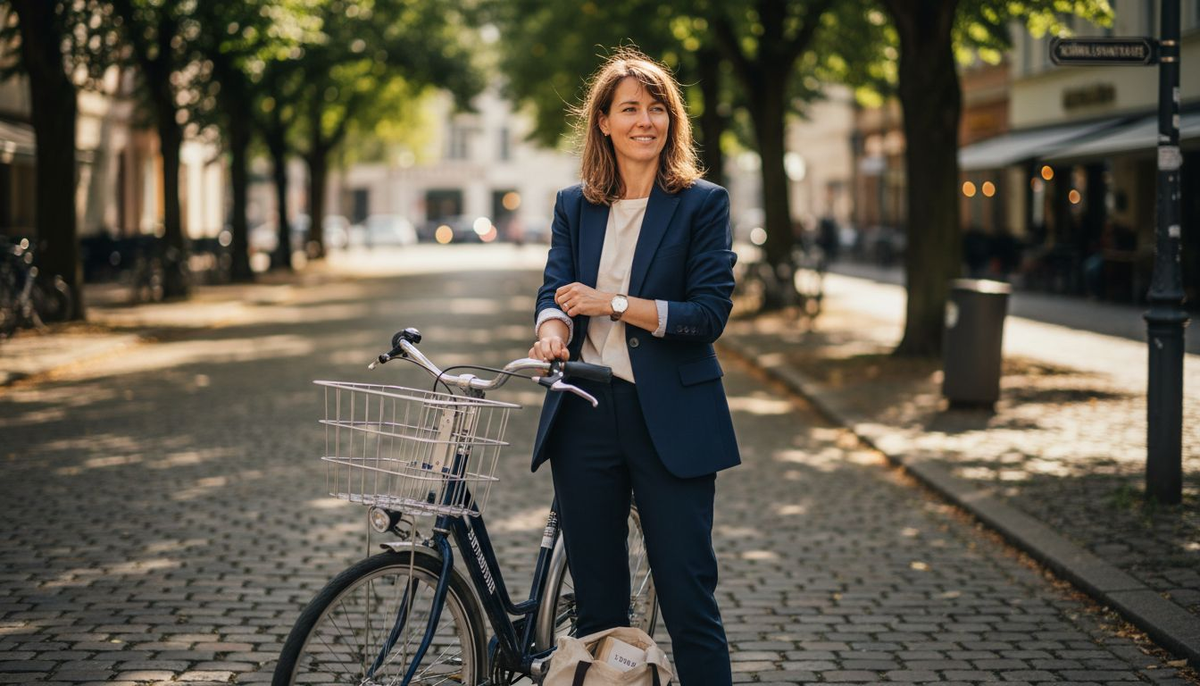 Eine stilvoll gekleidete Frau spaziert im Blazer durch die Straßen der Stadt.