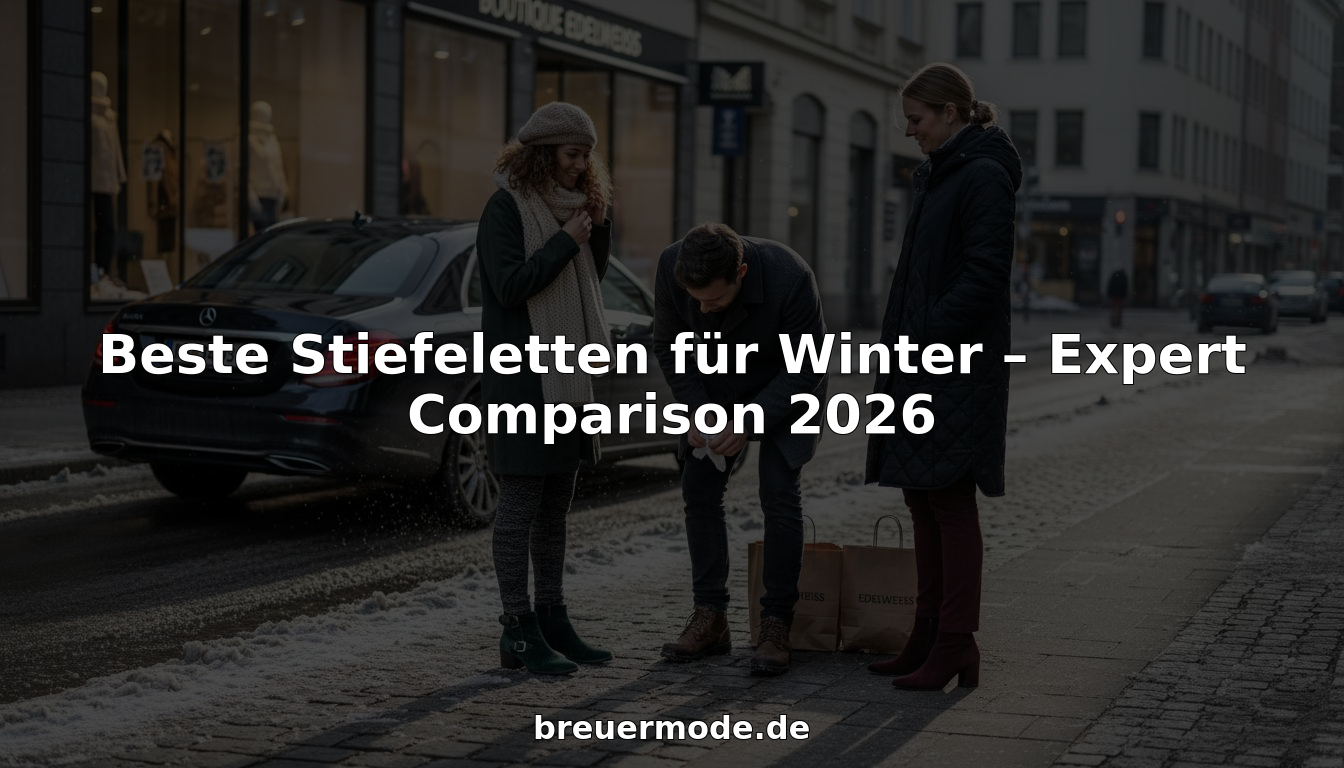 Mehrere Leute stehen auf einem verschneiten Gehweg in der Stadt und begutachten ihre Winterstiefel – jeder vergleicht, wie warm und rutschfest das eigene Paar ist.