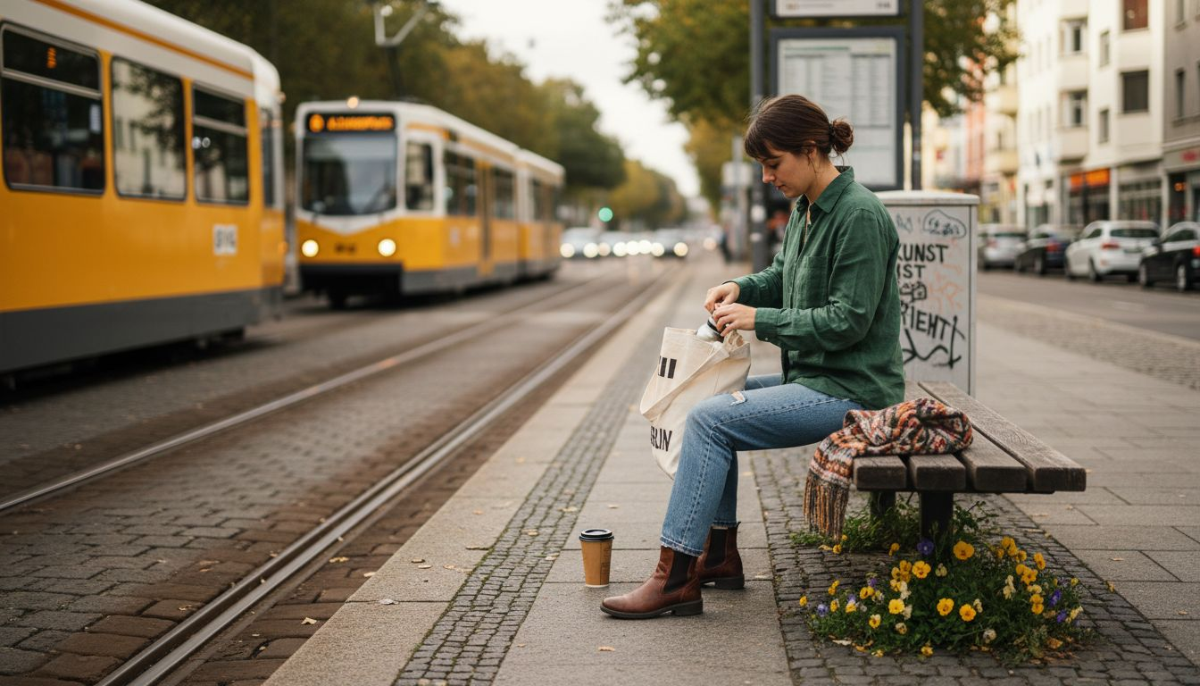 Eine Frau mit nachhaltiger Mode wartet an der Straßenbahnhaltestelle.