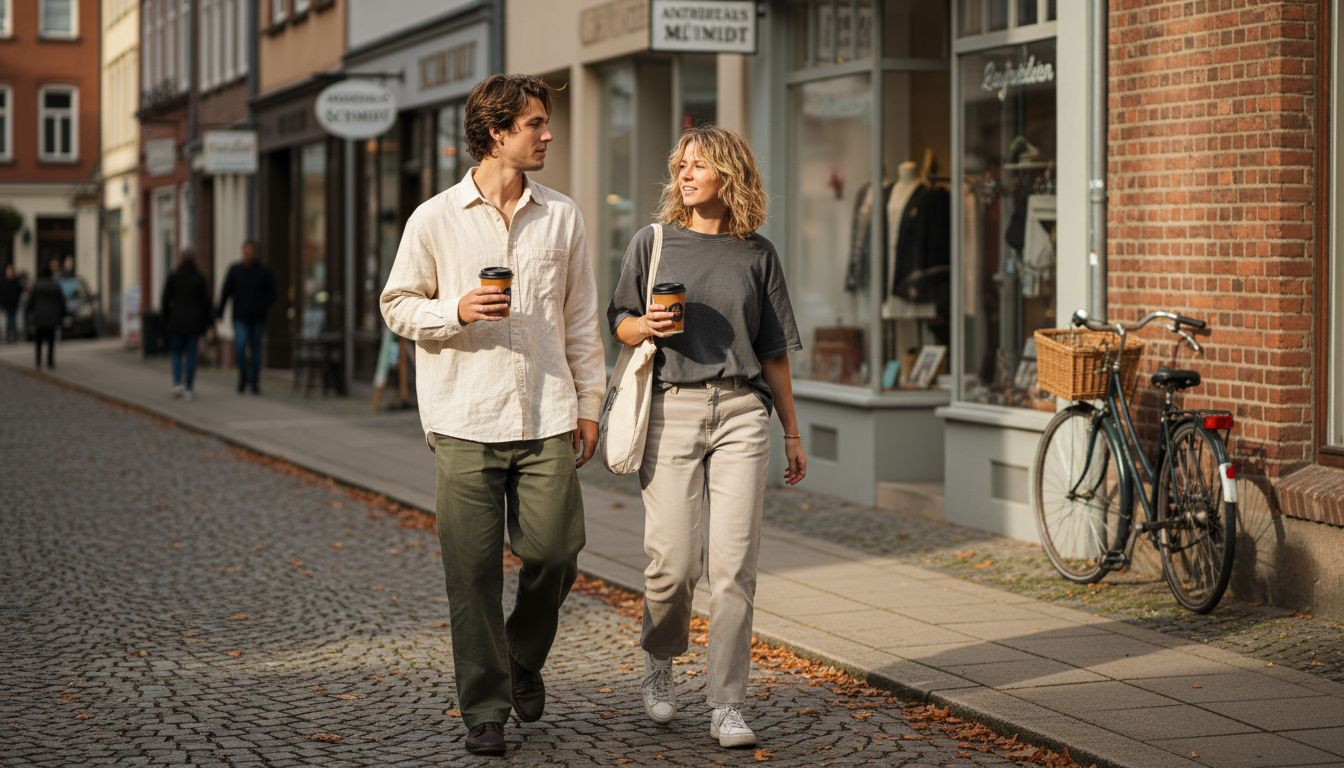 Zwei Leute in lässiger Unisex-Mode unterwegs in der Stadt.