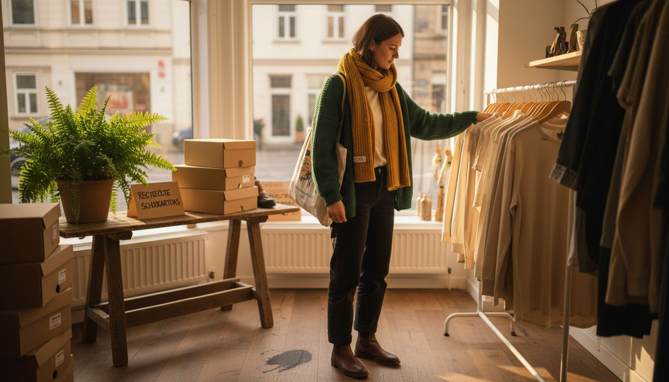 Eine Kundin stöbert interessiert durch ein Geschäft für nachhaltige Mode.