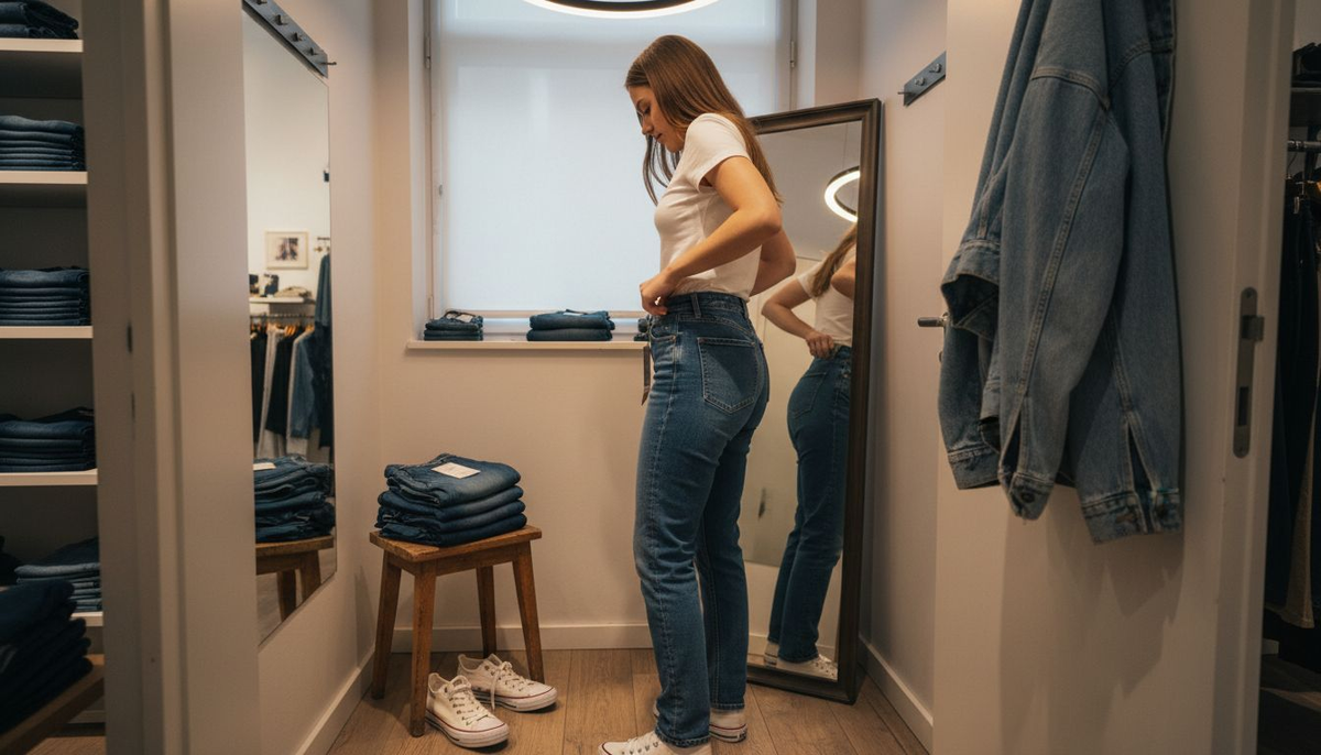 Eine Frau steht in der Umkleidekabine und richtet ihre Jeans zurecht.