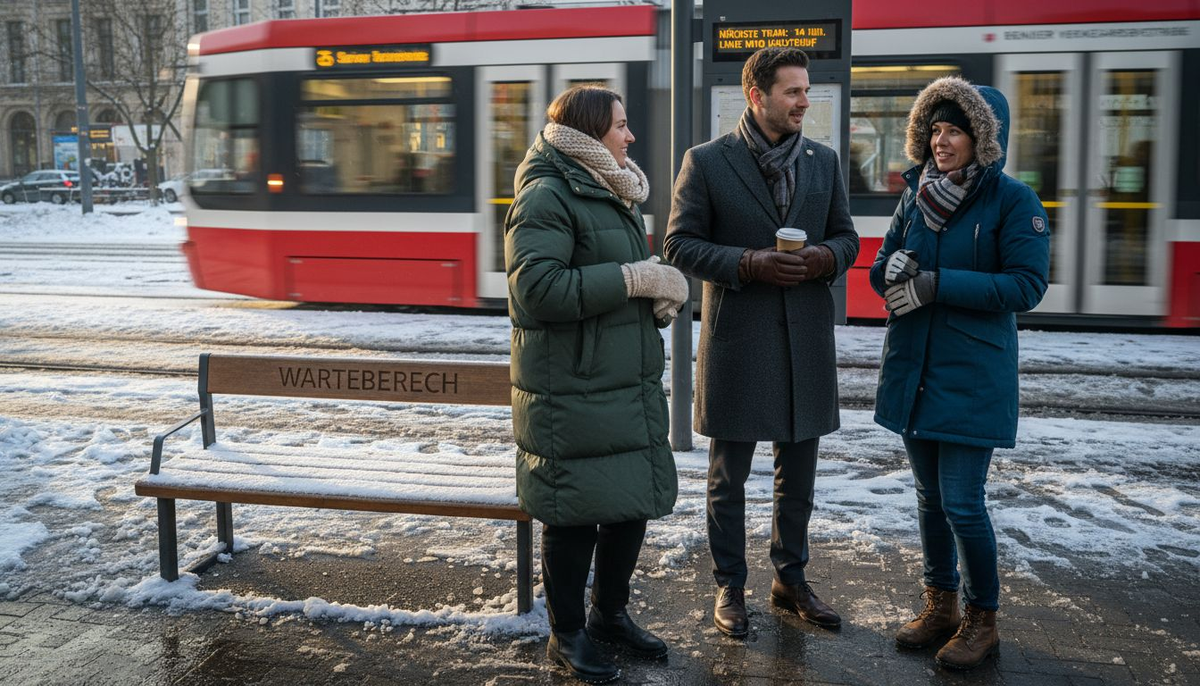 Verschneite Straßen, Menschen in dicken Winterjacken warten an der Straßenbahnhaltestelle.