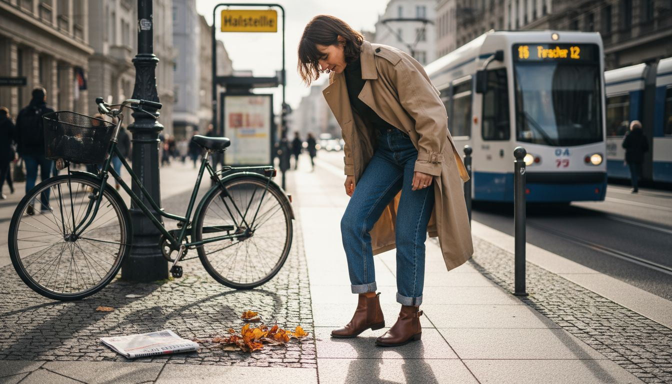 Eine Frau richtet ihre Stiefel, während im Hintergrund die belebte Stadt zu sehen ist.