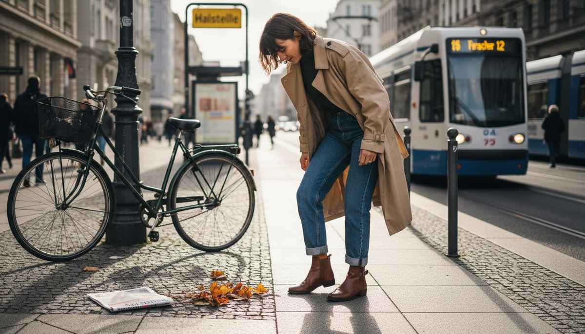 Eine Frau richtet ihre Stiefel, während im Hintergrund die belebte Stadt zu sehen ist.