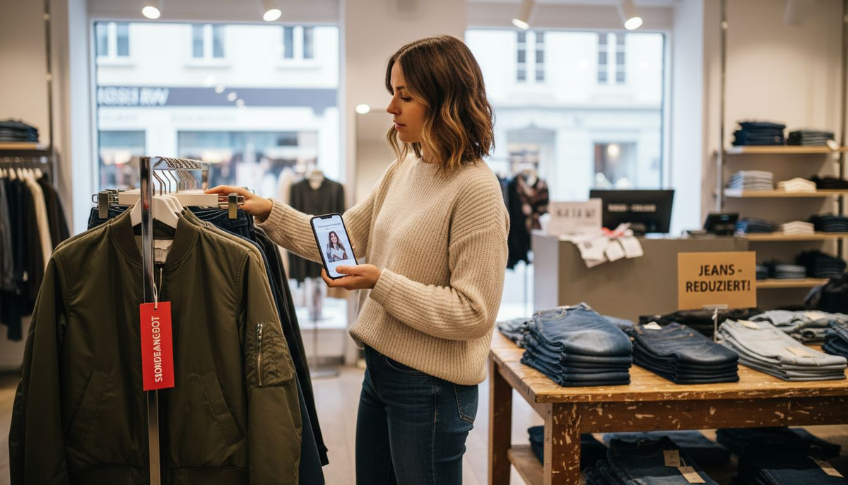 Eine Kundin stöbert durch die reduzierte Ware im Modegeschäft.