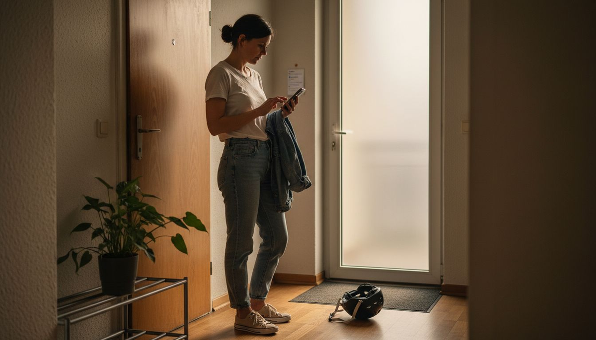 Eine Frau trägt ein lässiges Outfit aus Jeans und T-Shirt.