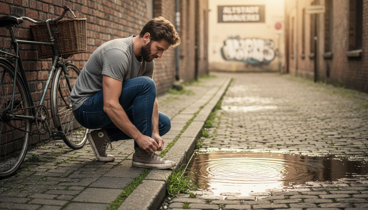Szene aus dem Stadtleben: Ein Mann trägt hochwertige Jeans und schlendert entspannt durch die belebten Straßen.
