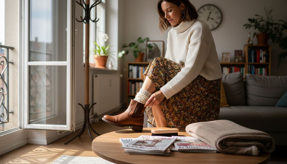 Eine Frau probiert im Wohnzimmer neue Stiefel an.