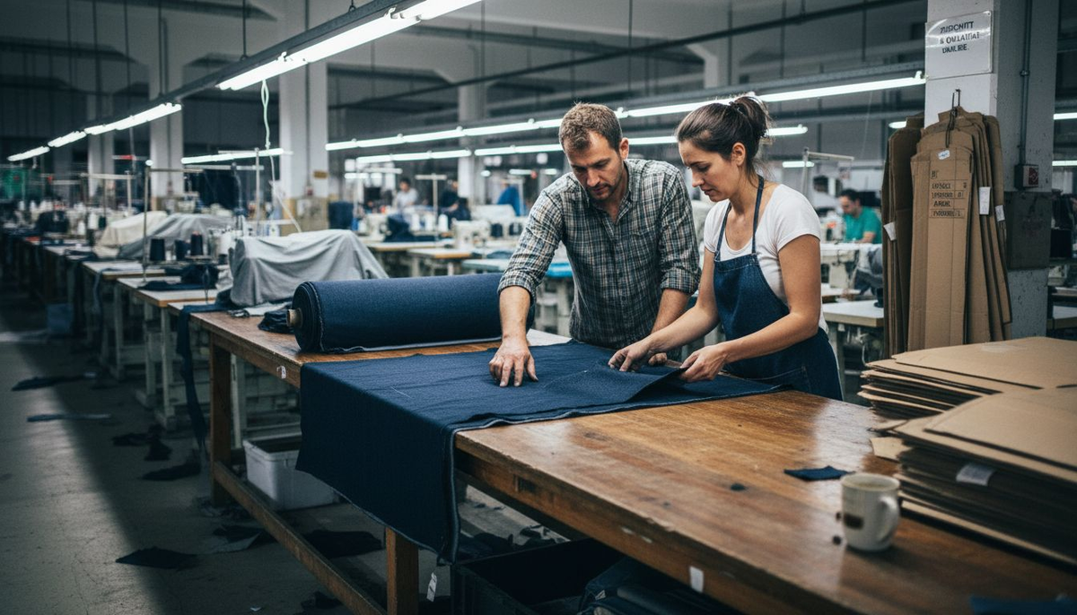 Mitarbeiter in der Jeansproduktion prüfen sorgfältig den Stoff an einem Werktisch.