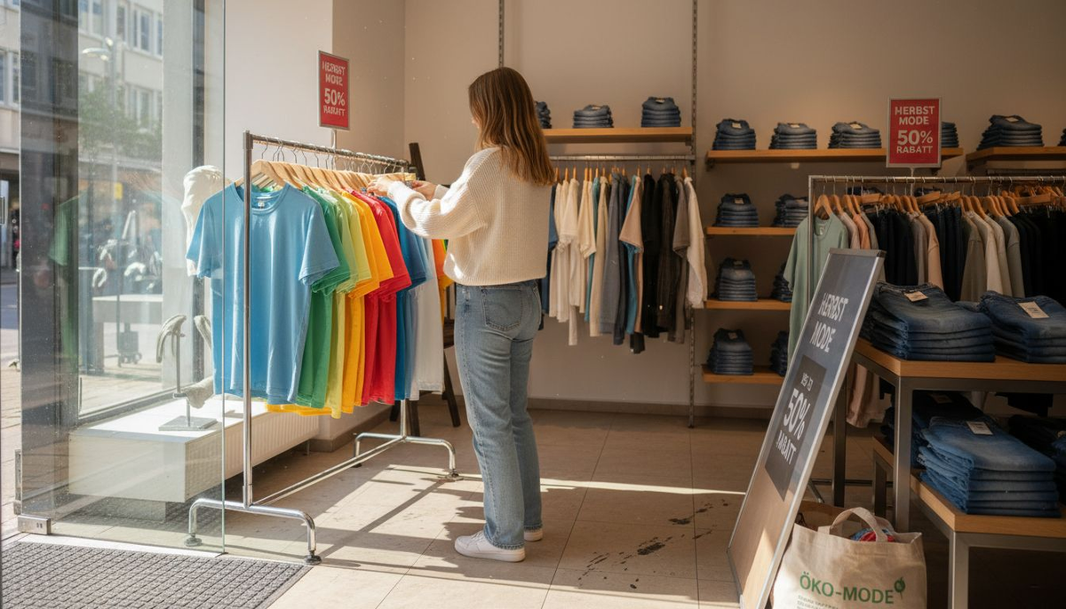 Eine Frau stöbert im Modegeschäft und schaut sich verschiedene Kleidungsstücke an.