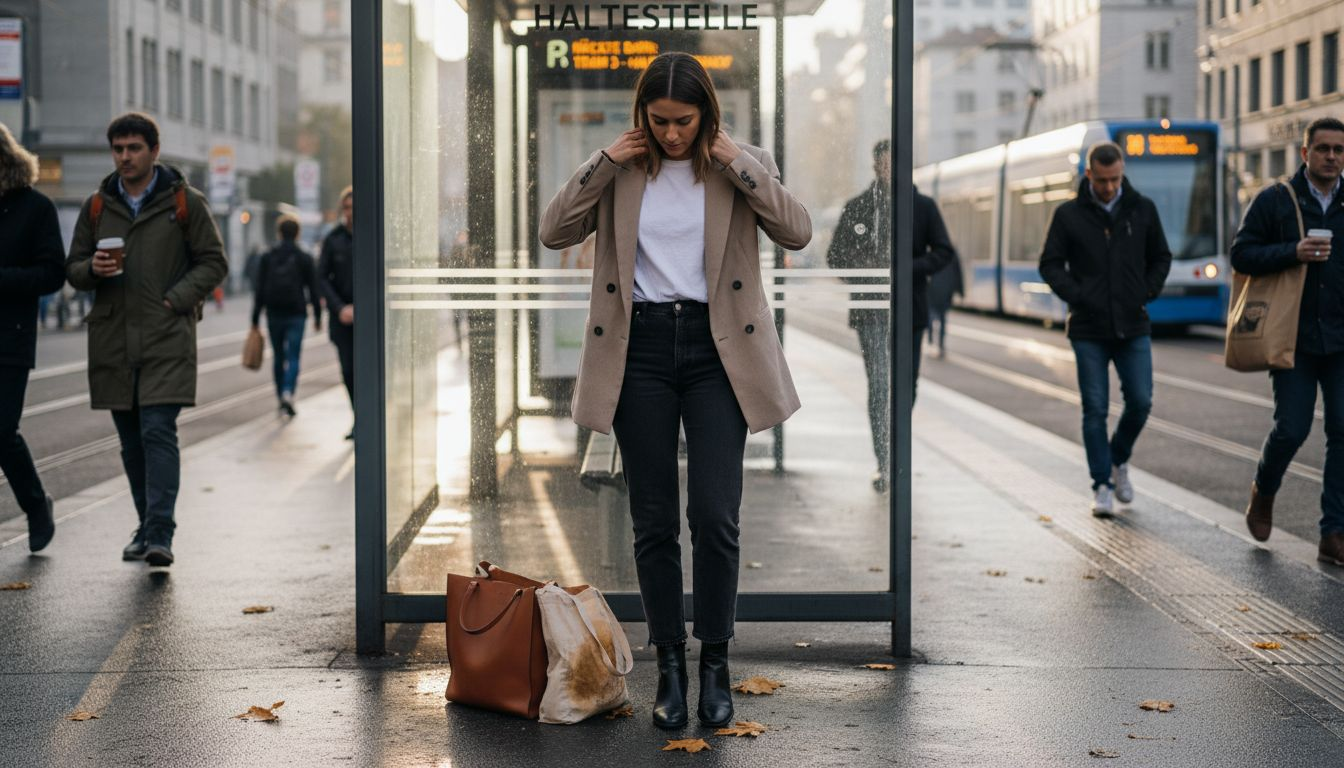 Eine stilbewusste Frau zeigt angesagte Layering-Looks an der Straßenbahnhaltestelle.