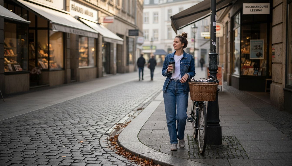 Eine Frau im Jeans-Outfit vor einer urbanen Kulisse
