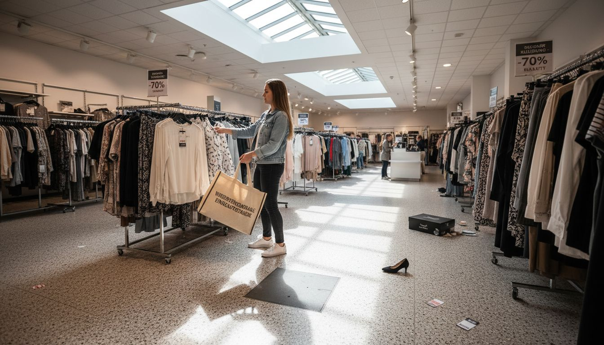 Eine Kundin schlendert neugierig durch den Eingangsbereich eines Fashion-Outlets und lässt sich von den neuesten Modetrends inspirieren.