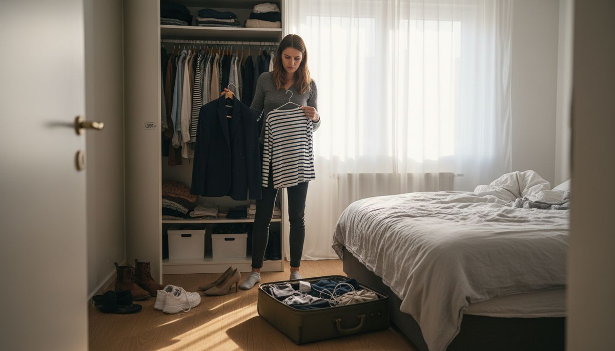 Eine Frau steht im Schlafzimmer und überlegt, welches Outfit sie heute anziehen soll.