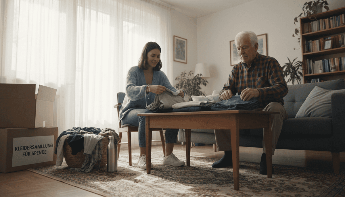 Im Wohnzimmer nimmt sich die Familie gemeinsam Zeit, um ihre nachhaltige Kleidung zu ordnen.