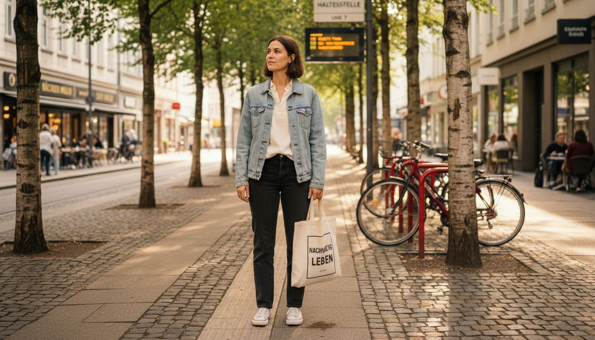 Eine stilbewusste Frau in umweltfreundlicher Kleidung spaziert durch eine lebhafte Innenstadt.