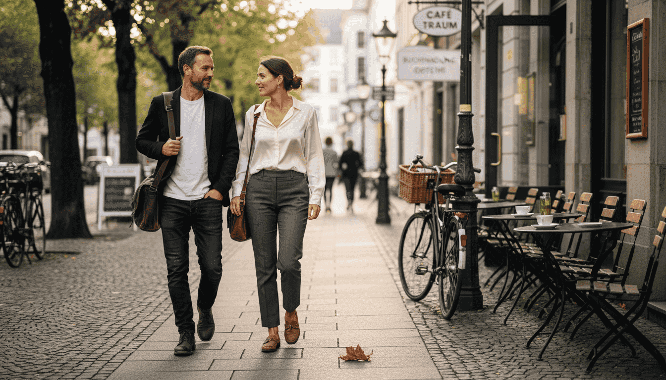 Menschen, die in leger-eleganter Kleidung durch die Stadt schlendern.
