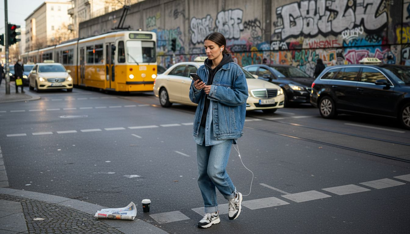 Eine stilvoll gekleidete Frau überquert die Straße im Herzen Berlins.