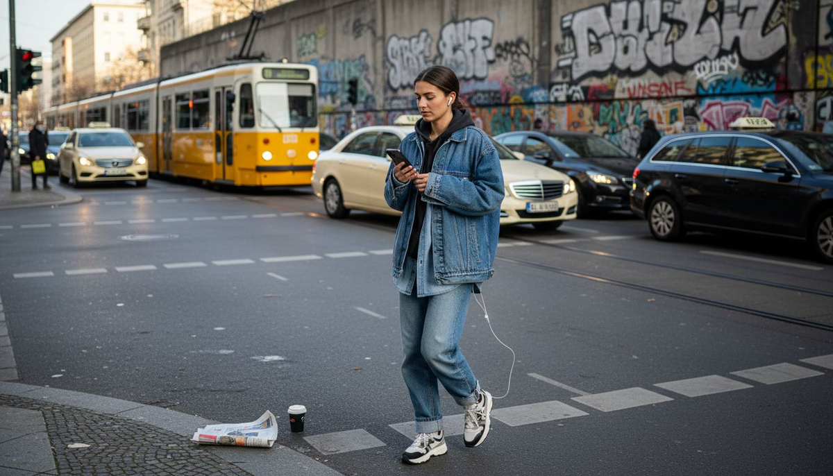 Eine stilvoll gekleidete Frau überquert die Straße im Herzen Berlins.