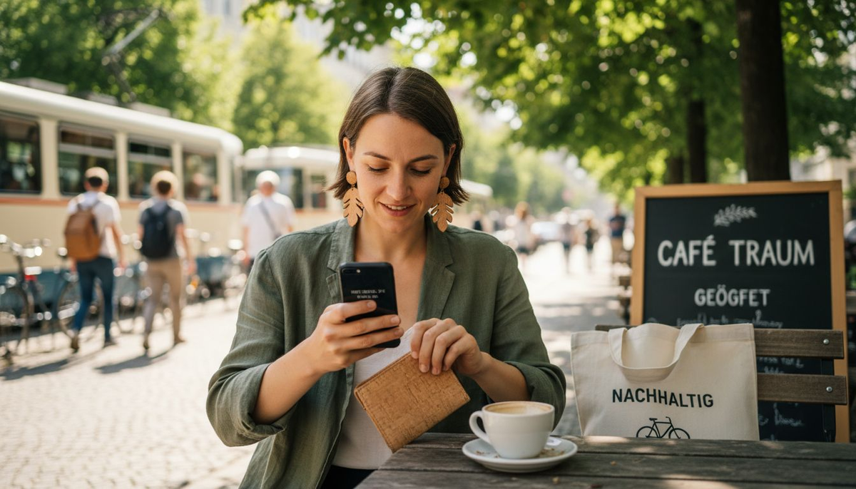Eine stilbewusste Frau genießt ihren Kaffee im Straßencafé – ihre nachhaltigen Accessoires setzen dabei ein echtes Statement für umweltfreundliche Mode im Jahr 2026.