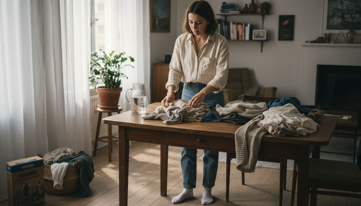 Eine Frau stellt ihre Garderobe nachhaltig um und sortiert dabei bewusst ihre Kleidung aus.