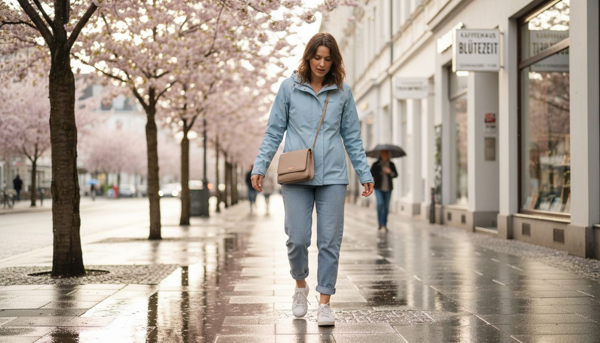 Junge Frau mit stylischer Regenjacke – perfekt gekleidet für den Frühling in der Stadt.