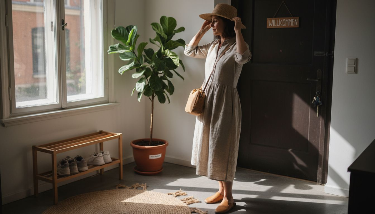 Im Flur präsentiert eine Frau stilvolle Accessoires aus nachhaltigen Materialien.