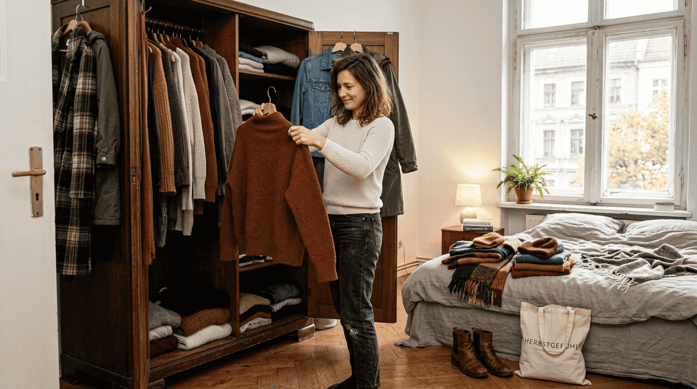 Eine Frau räumt ihre Garderobe auf und stellt ihre Must-haves für den Herbst zusammen.