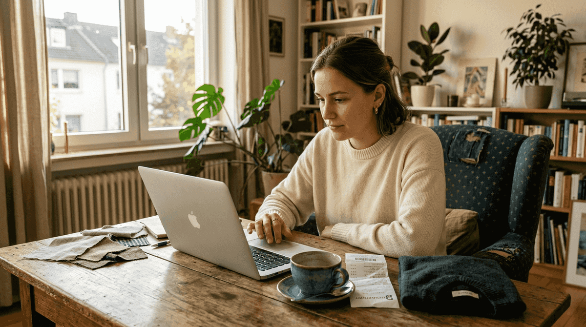 Eine Frau stöbert am Laptop nach günstigen Angeboten für Mode.