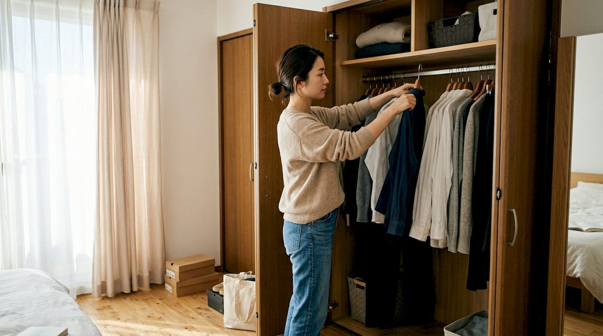 Eine Frau sortiert ihren Kleiderschrank und stellt eine neutrale Capsule Wardrobe zusammen.