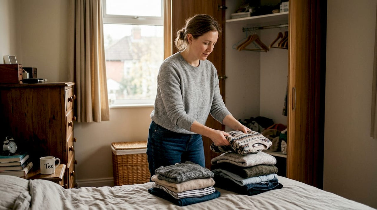 Vor dem offenen Kleiderschrank die Kleidung sortieren