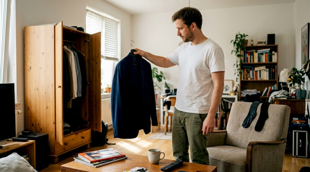 Ein Mann steht vor seinem offenen Kleiderschrank und begutachtet einen Blazer.