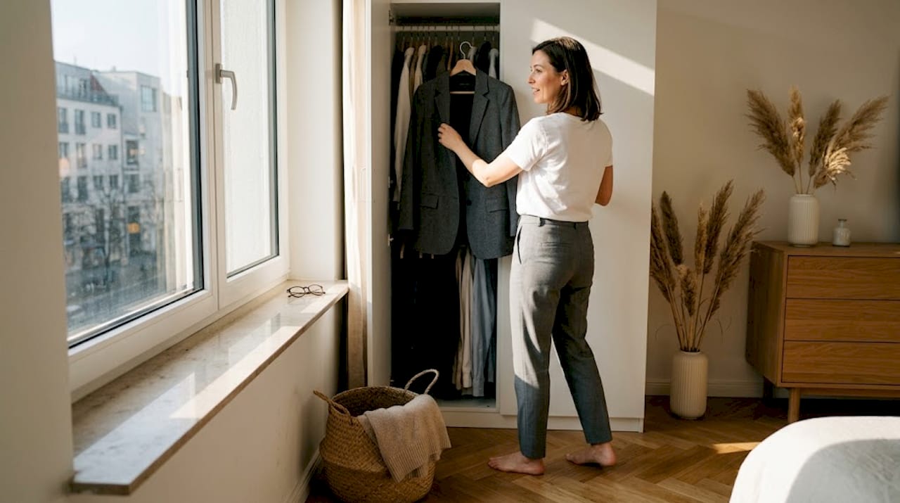 Eine Frau steht in ihrem Schlafzimmer und überlegt, welches schlichte Outfit sie heute anziehen möchte.