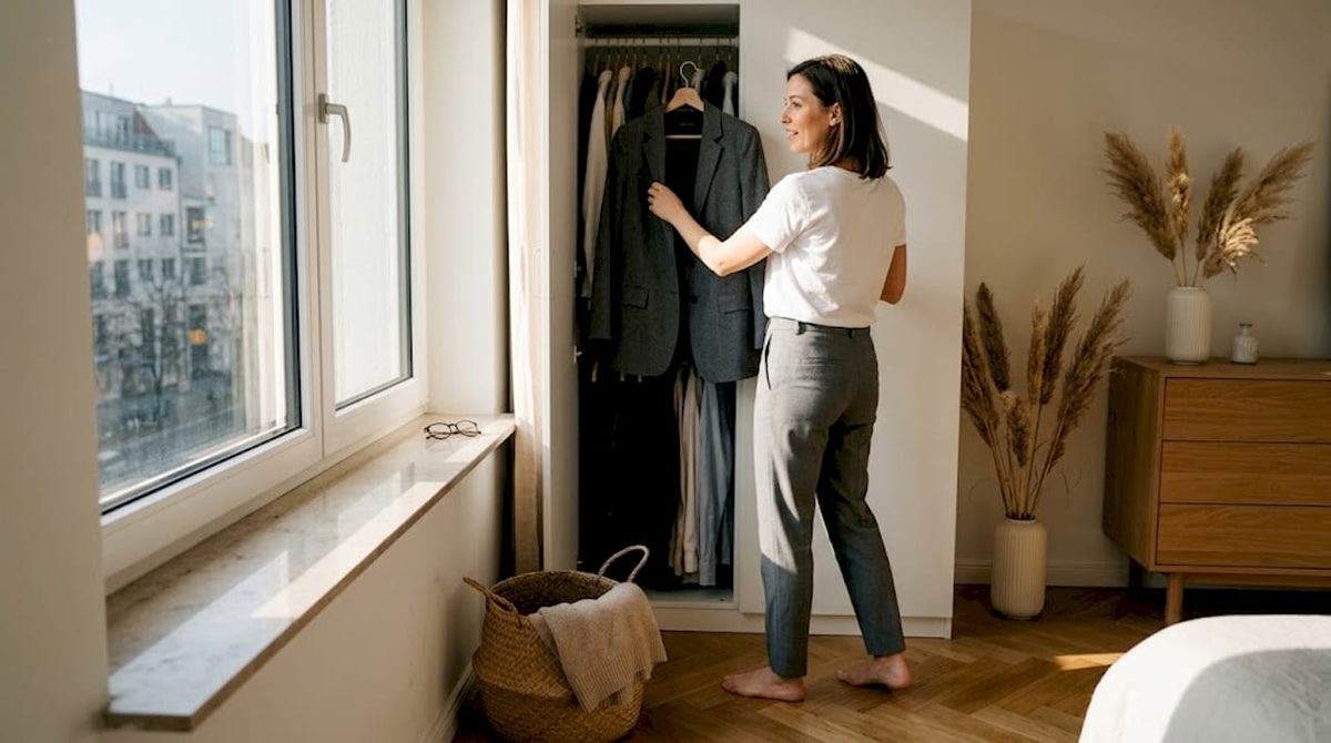 Eine Frau steht in ihrem Schlafzimmer und überlegt, welches schlichte Outfit sie heute anziehen möchte.