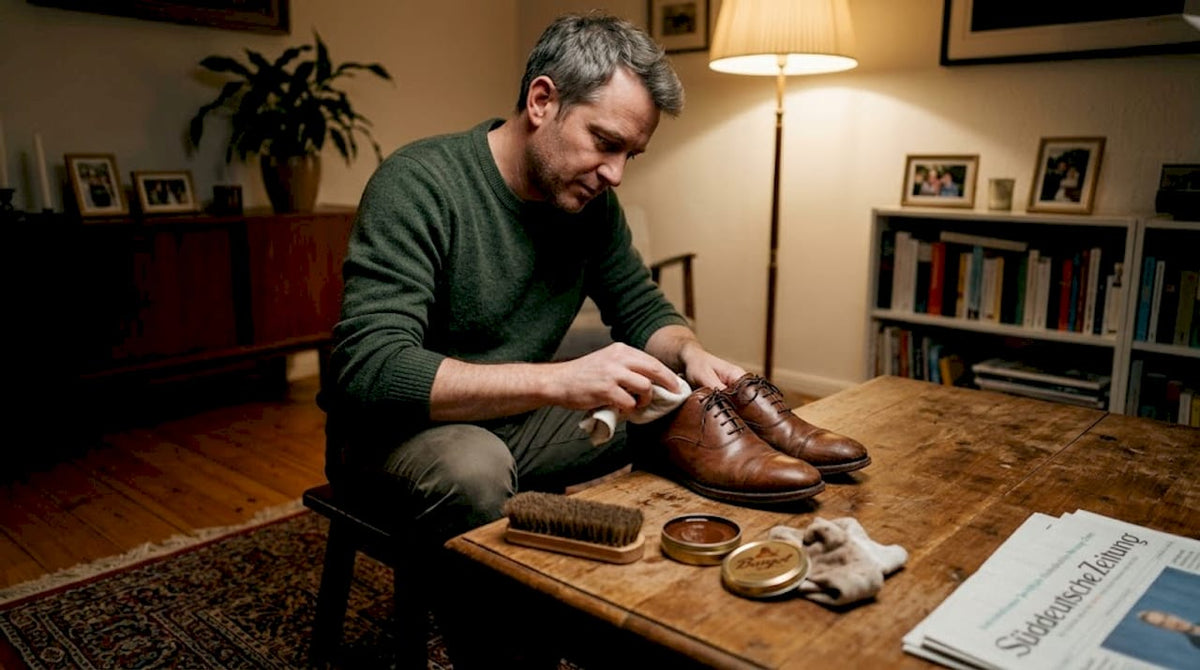 Im Wohnzimmer sitzt ein Mann und bringt seine Lederschuhe mit einer Bürste wieder auf Hochglanz.