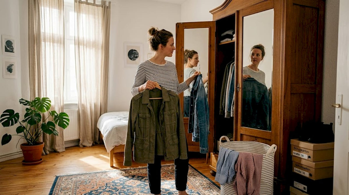 Eine Frau steht vor ihrem Kleiderschrank und überlegt, was sie anziehen soll.