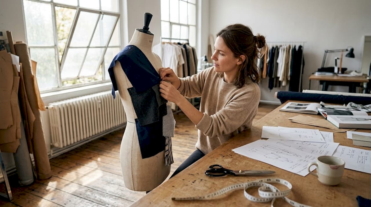 Eine Modedesignerin tüftelt in ihrem Atelier an neuen Entwürfen für ihre aktuelle Kollektion.