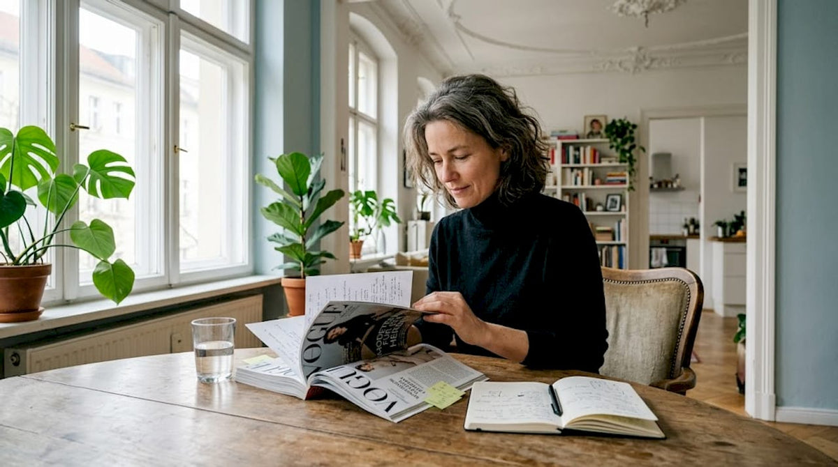Am Frühstückstisch blättert eine Frau entspannt in einer Modezeitschrift.