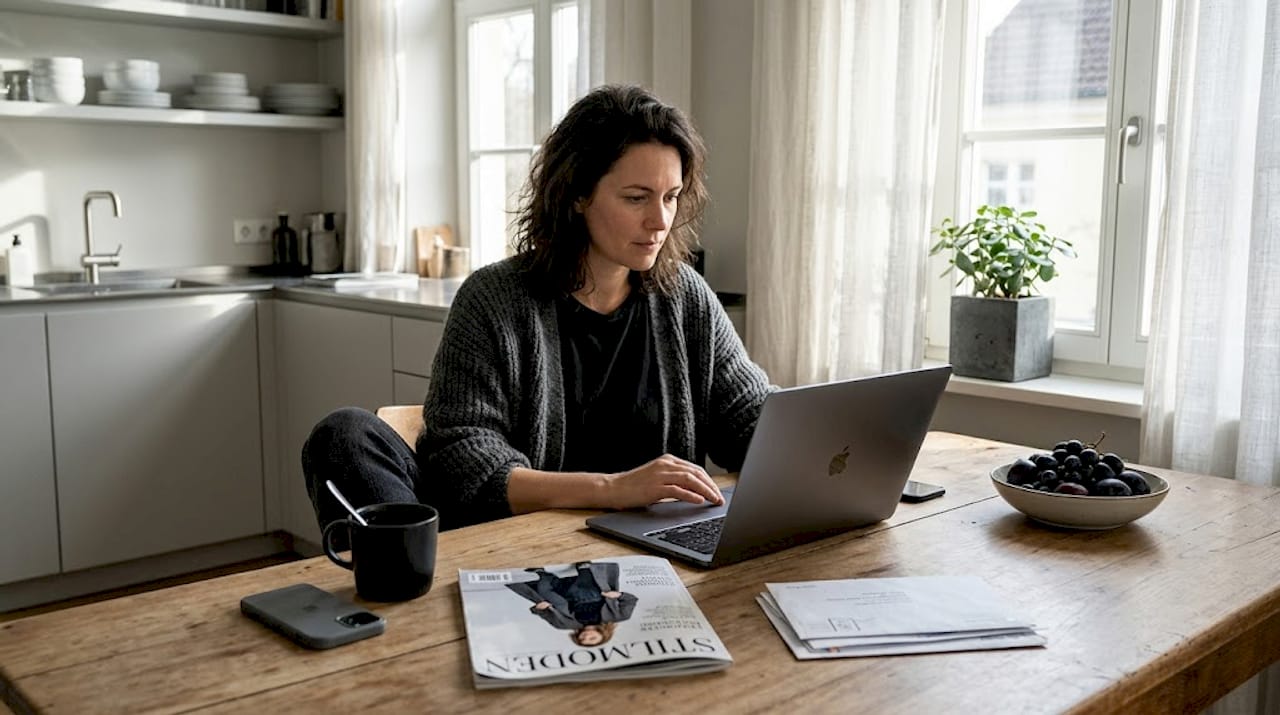 Eine Frau sitzt am Küchentisch und informiert sich im Internet über die Sicherheit von Kleidung.