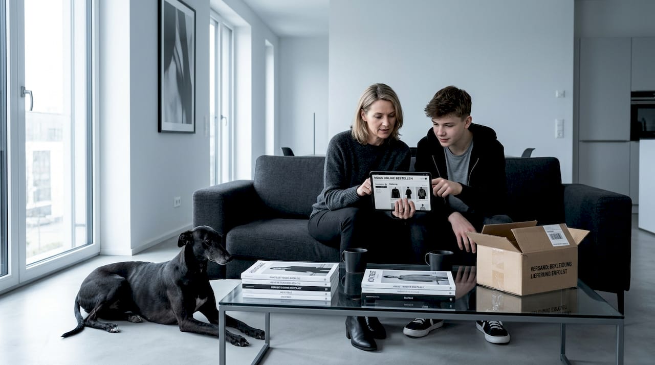 Eine Familie stöbert gemeinsam im Wohnzimmer durch Online-Shops und bestellt neue Kleidung.