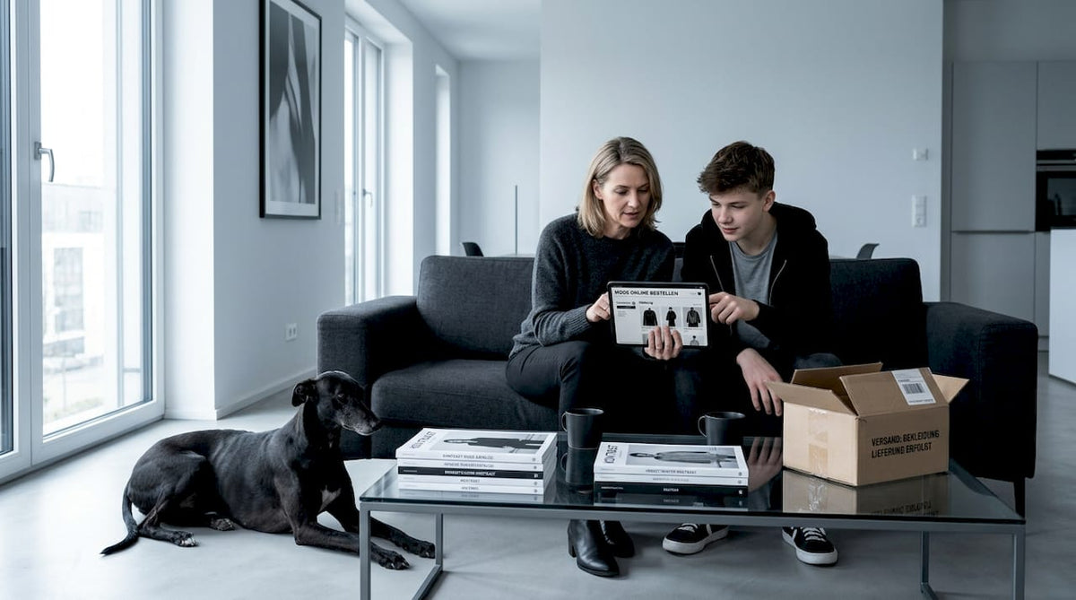 Eine Familie stöbert gemeinsam im Wohnzimmer durch Online-Shops und bestellt neue Kleidung.
