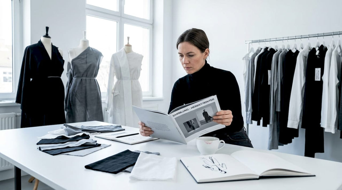 Ein Designer nimmt das frisch gedruckte Fashion-Lookbook genau unter die Lupe.