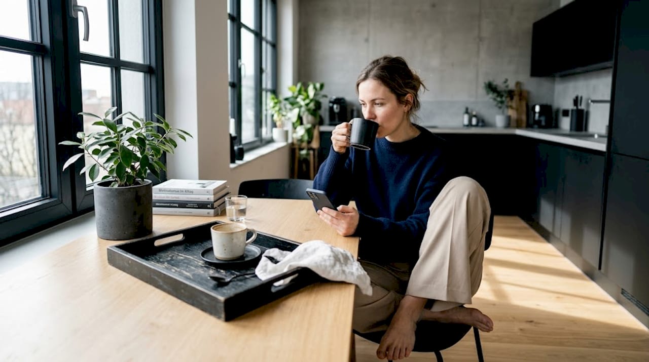 Eine Frau macht es sich zuhause gemütlich und genießt ihren Kaffee in einem kuscheligen Oversize-Pullover.