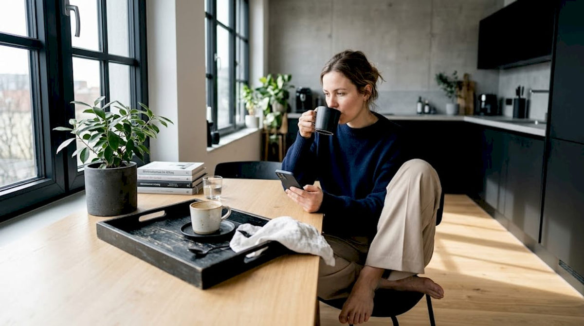 Eine Frau macht es sich zuhause gemütlich und genießt ihren Kaffee in einem kuscheligen Oversize-Pullover.