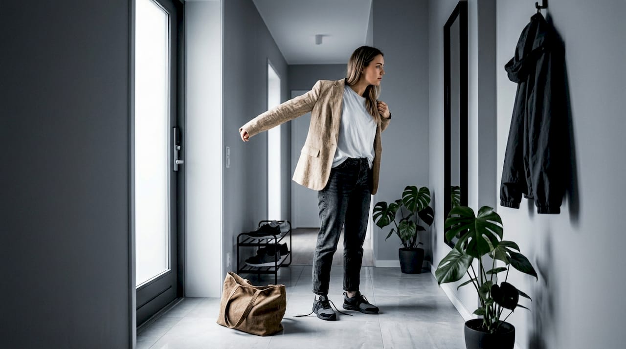 Eine Frau kombiniert lässige Basics zu einem entspannten Lagen-Look im Flur.