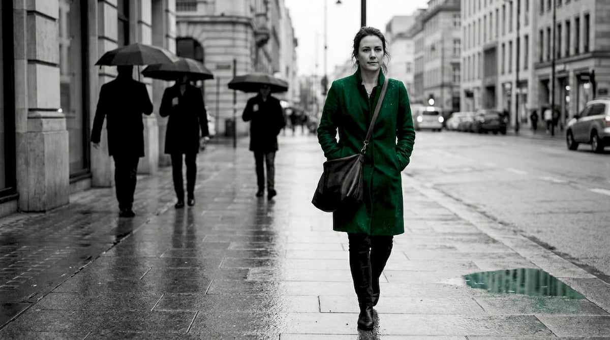 Eine Frau im grünen Mantel spaziert über die vom Regen glänzende Straße inmitten der Großstadt.