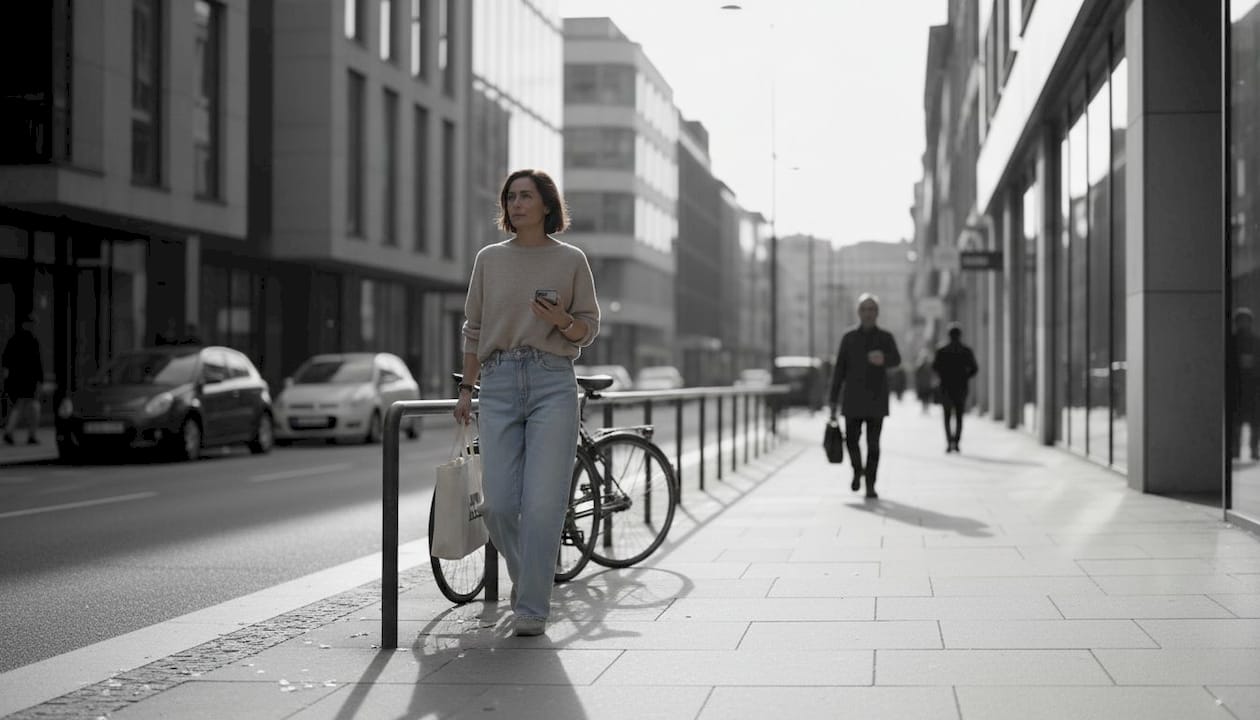 In lässigen Wide-Leg Jeans schlendert eine Frau durch die Straßen der Stadt und genießt das urbane Flair.