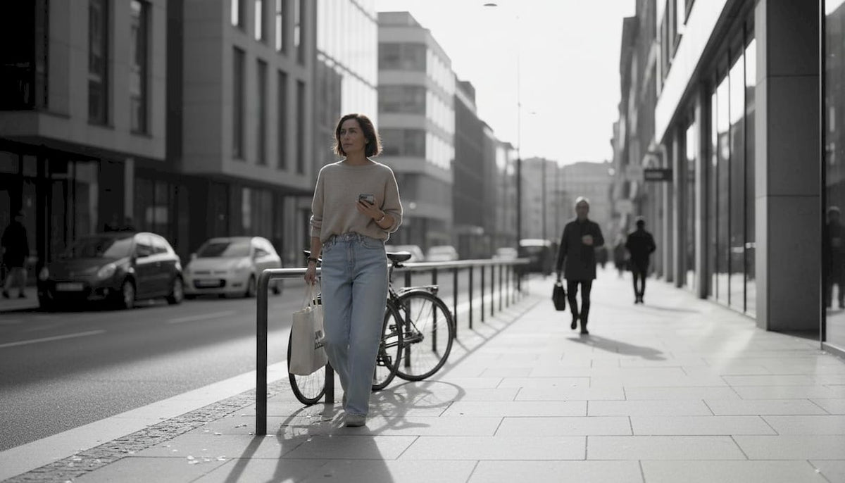 In lässigen Wide-Leg Jeans schlendert eine Frau durch die Straßen der Stadt und genießt das urbane Flair.