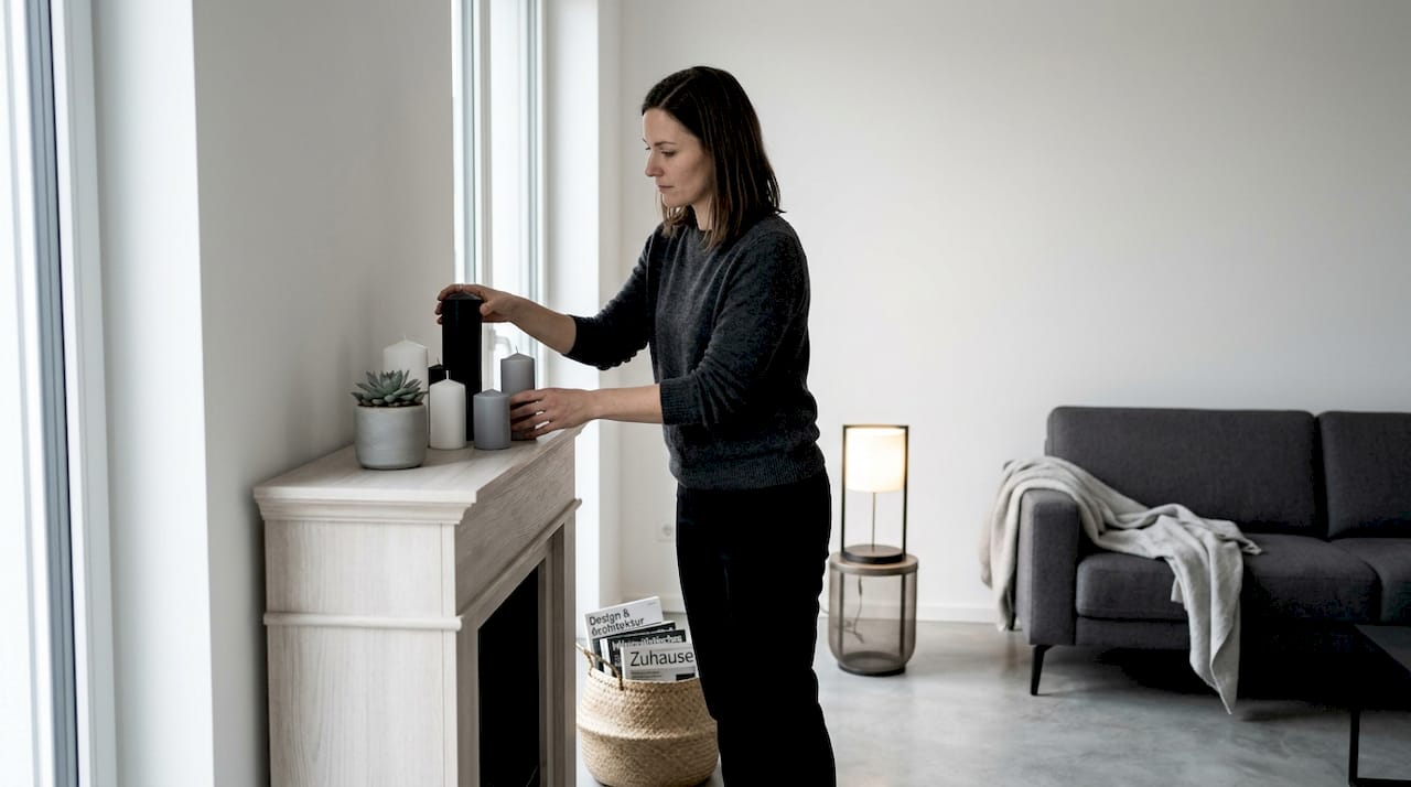 Eine Frau schmückt den echten Kamin im Wohnzimmer mit liebevollen Details.